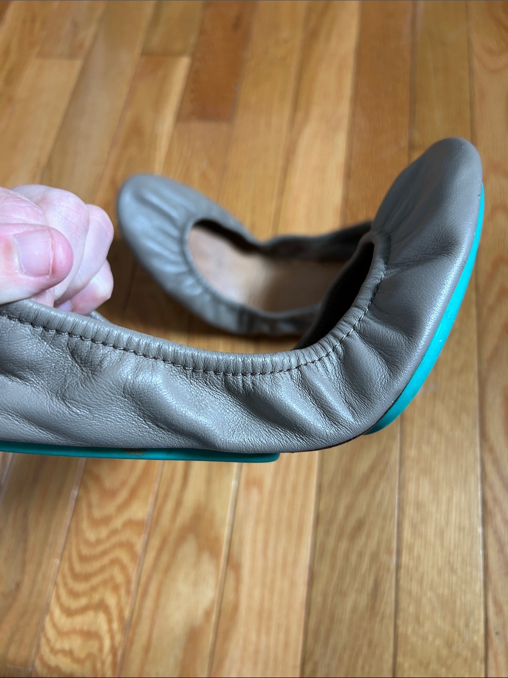 Tieks Light Brown/Khaki Leather Ballet Flats with Teal Trim - Picture 11 of 11